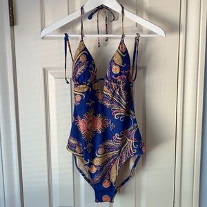 J. Crew Blue Paisley Lace Up Swimsuit One Piece